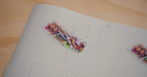 Paper art model with fruit and vegetables, in photo or film, A.I.R project