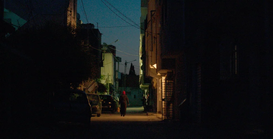 City street at night.