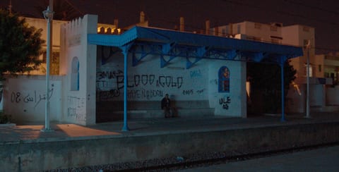 Train station at night.